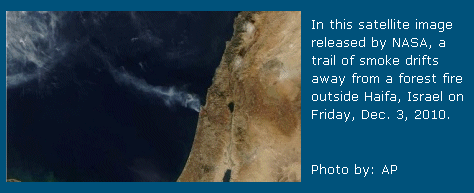 Satellite image of smoke drifting away from the fire