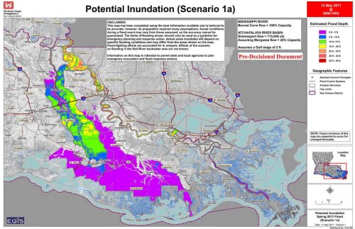 Potential Inundation of the Atchafalaya basin by opening the Morganza Floodway in Louisiana, May 15, 2011