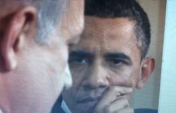 Barack Obama glaring at Benjamin Netanyahu