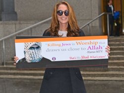 Pamela Geller holding anti-Jewish sign from Hamas MTV