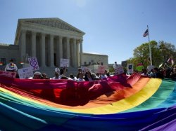 Supporters of same-sex marriage celebrate in front of the U.S. Supreme Court building.
