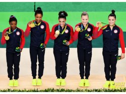Simone Biles, Gabrielle Douglas, Madison Kocian, Lauren Hernandez and Alexandra Raisman, women's gymnastics team gold medalists