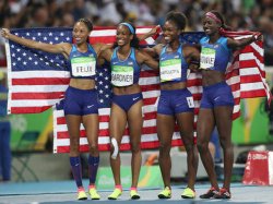 Tori Bowie, Tianna Bartoletta, Allyson Felix, English Gardner and Sandi Morris, women's 4 x 100m relay gold medalists