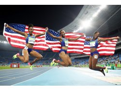 Brianna Rollins, Nia Ali and Kristi Castlin, women's 100m hurdles gold, silver and bronze medalists