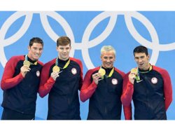 Connor Dwyer, Townley Haas, Ryan Lochte and Michael Phelps, men's 4x200 freestyle gold medalists