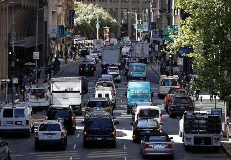 Although traffic signals were functioning at California Street, vehicles traveling south on Battery Street are backed up by non-working lights at Bush Street two blocks away in San Francisco, Calif. on Friday, April 21, 2017 after a massive power outage affected a widespread area of the city.