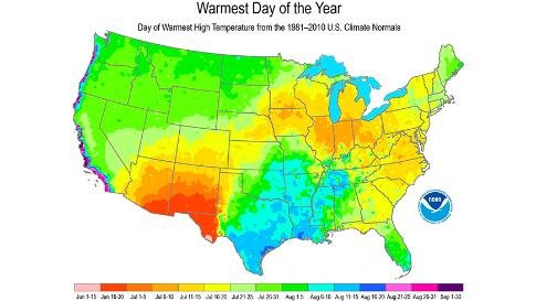 Average warmest day of the year across the Lower 48 states. (NOAA/NCEI)