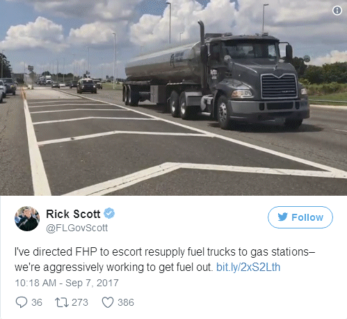 Governor Rick Scott tweet: I've directed FHP to escort resupply fuel trucks to gas stations