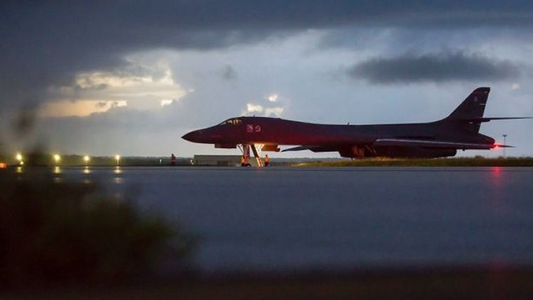 The Pentagon says B-1B bombers from Guam and F-15 fighter escorts from Okinawa, Japan, have flown a mission in international airspace over the waters east of North Korea.  (U.S. Air force via AP)