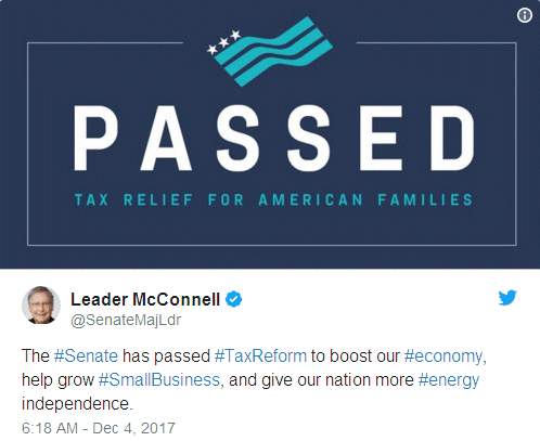 The Senate has passed Tax Reform to boost our economy, help grow small business, and give our nation more energy independence.
