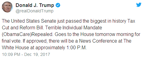 The United States Senate just passed the biggest in history Tax Cut and Reform Bill.