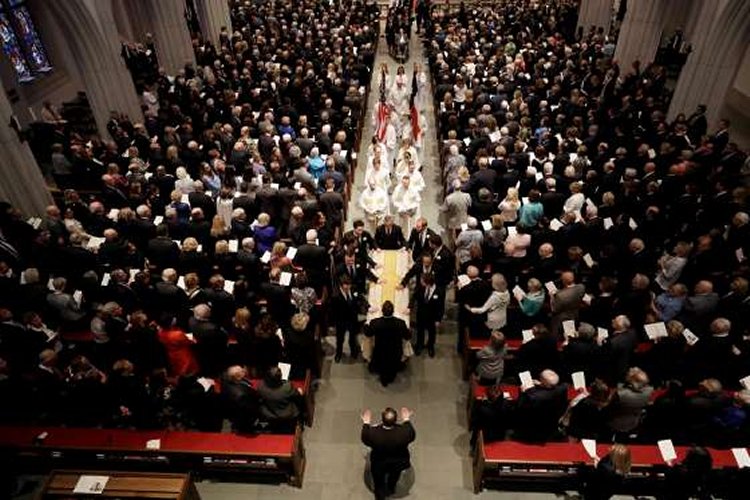 Pallbearers escort the casket of former first lady Barbara Bush after funeral services at St. Martin's Episcopal Church on April 21 in Houston, Texas.