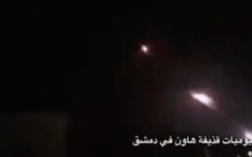 Still image from a video shared on social media, apparently showing an Iranian rocket barrage targeting Israeli military positions on the Golan Heights on May 10, 2018. (Twitter)