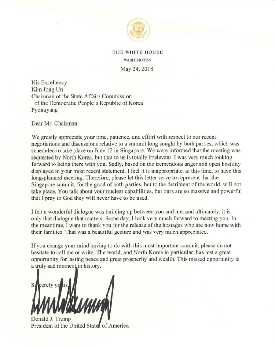 Letter from Donald Trump to Kim Jong Un