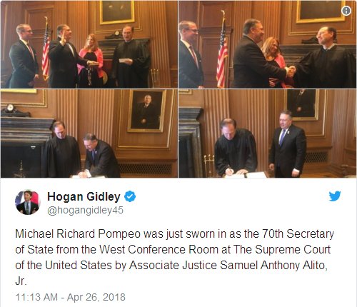 Michael Richard Pompeo was just sworn in as the 70th Secretary of State from the West Conference Room at The Supreme Court of the United States by Associate Justice Samuel Anthony Alito, Jr.