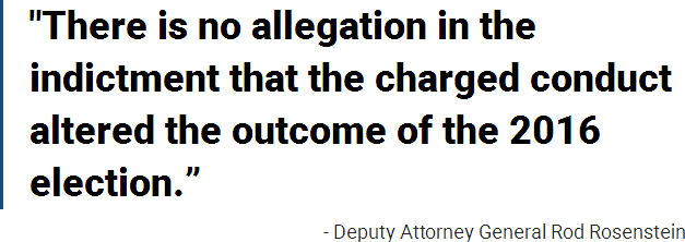 There is no allegation in the indictment that the charged conduct altered the outcome of the 2016 election. Deputy Attorney General Rod Rosenstein