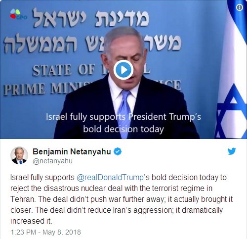 Israel fully supports @realDonaldTrumps bold decision today to reject the disastrous nuclear deal with the terrorist regime in Tehran.