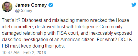 Thats it? Dishonest and misleading memo wrecked the House intel committee, destroyed trust with Intelligence Community, damaged relationship with FISA court, and inexcusably exposed classified investigation of an American citizen. For what? DOJ & FBI must keep doing their jobs.