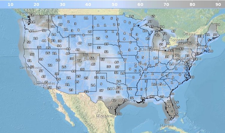 Much of the continental U.S. will have good conditions to see tonight's super moon. This is the sky cover forecast for Monday at 7 p.m. CST. The areas in dark blue are forecast to have the clearest skies. The areas in darkest gray will have to contend with more clouds. (National Weather Service)