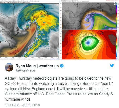 All day Thursday meteorologists are going to be glued to the new GOES-East satellite watching a truly amazingextratropical 'bomb' cyclone off New England coast. It will be massive.