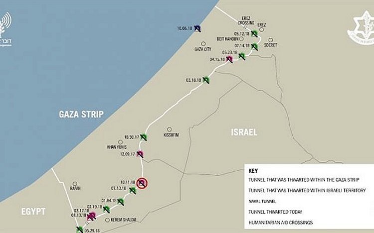 A map showing the approximate locations of 15 tunnels destroyed by Israel since October 2017. (Israel Defense Forces)