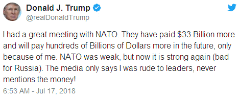 I had a great meeting with NATO. They have paid $33 Billion more and will pay hundreds of Billions of Dollars more in the future, only because of me. NATO was weak, but now it is strong again (bad for Russia). The media only says I was rude to leaders, never mentions the money!