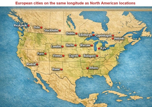 European cities on same longitude as North America