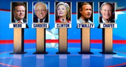 Five Democrats participated in the first debate on Oct. 13, 2015: Jim Webb, Bernie Sanders, Hillary Clinton, Martin O'Malley, and Lincoln Chafee.