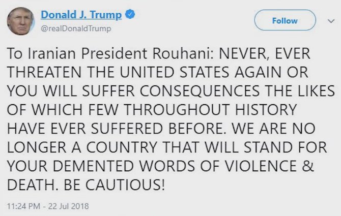 President Trump's tweet to Iranian President Hassan Rouhani
