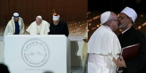 Pope Francis and Grand Imam of al-Azhar, Ahmed el-Tayeb, sign document together